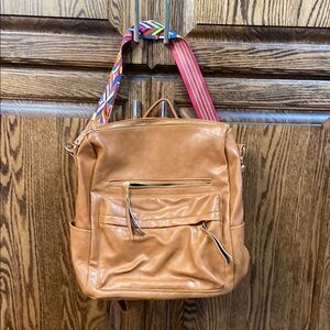 Tan Women's Backpack with Multicolor Strap